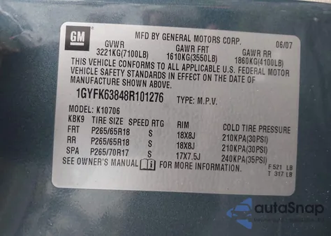 2008 Cadillac Escalade Standard z USA, uszkodzony, nr VIN 1GYFK63848R101276